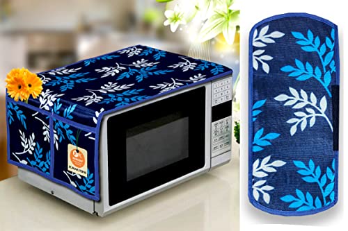 KANUSHI Industries® Microwave/Oven Top Cover with 4 Utility Pockets + 1 Pc Handle Cover (Micro-Blue-Small-Leaves+1-Handle)