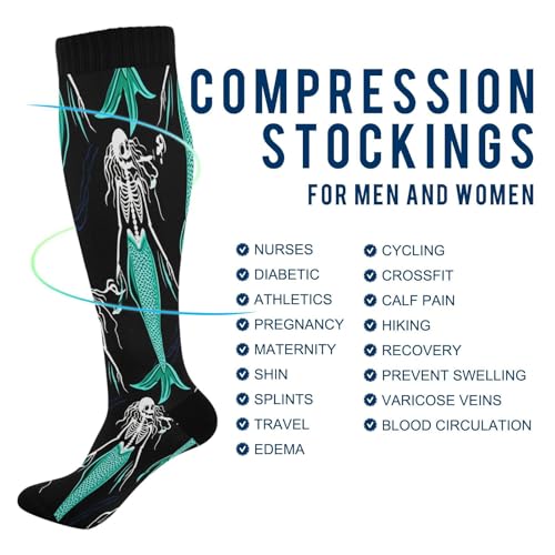 STAYTOP Halloween Skeleton Mermaid Compression Socks for Women & Men (2 pairs)-Support Knee High Socks for Running, Sports4