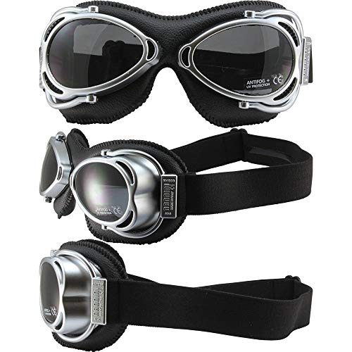 Nannini Streetfighter Padded Motorcycle Goggles Hand-Sewn Black Leather Frames Grey Anti-Fog Lenses