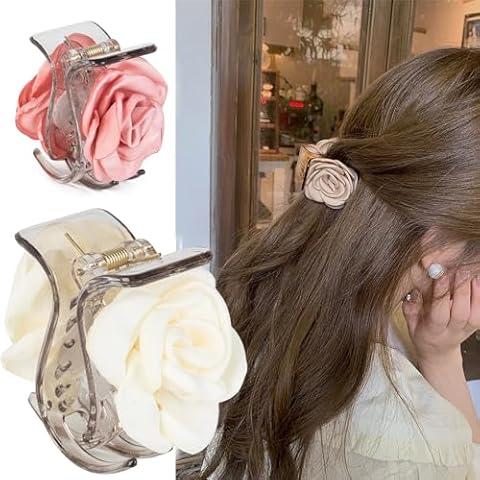 Agirlvct 3 Pack Flower Hair Clip Medium, Small Camellia Claw Clips for High Ponytail,Hair Clips Travel Beach Holiday Birthday Gift for Mother Girl Thick Thin Long Hair(Pink Champagne White) Cover