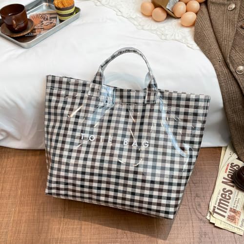 Image of Lushandy Striped PVC Tote Bag for Women, Waterproof Plastic Tote Bag for Beach Pool Large Top Handle Travel Hobo Handbag | Waterproof Material