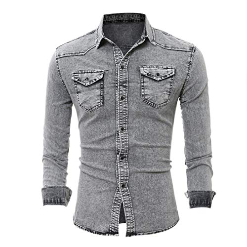 PPPPA Fashion Herren Jeanshemd Ausgewaschen gerippte Arme Dehnbare Men's...