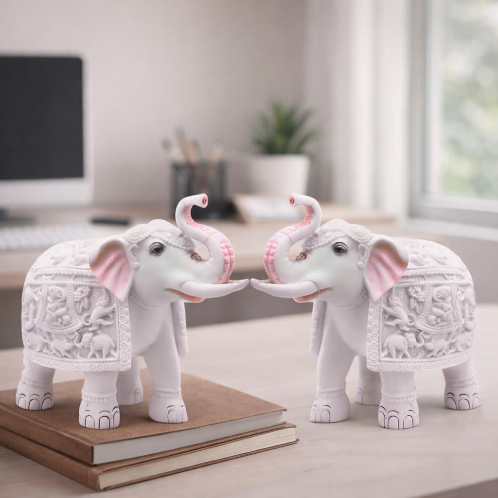 White Elephant – Symbol of Good Luck & Prosperity | Vastu & Feng Shui | Perfect for Home & Office | Ideal Gift Choice | Auspicious & Elegant Décor White Resin Marble Elephant Statue Pair (8 x 9 Inch)-image-4