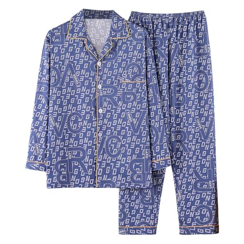 Conjunto de pijama para hombre con estampado de 2 piezas, manga larga, cuello en V, tira de botones, parte superior y pantalones de pijama de franela, conjuntos de dos piezas, ropa de casa holgada, O