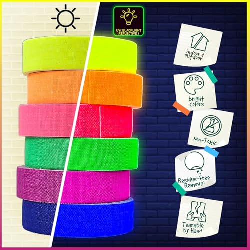 Image of D-Xam 6-Pack Neon Gaffer Tape - 0.6 or 1 inch UV Blacklight Reactive Glow in The Dark Tape, Best for Parties, Dance Floors, Theaters & DIY Projects - 6 Vibrant Colors (0.6 inch x 15 feet)