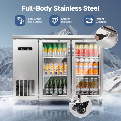 Image of BODEGACOOLER Commercial Cooler with 2 Glass Doors,12 Cu.Ft Stainless Steel Counter Height Back Bar Refrigerator,Display Drink Beverage Fridge for Soda LED Lighting, SUS 304 Stainless Steel Exterior