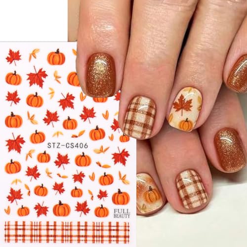 Fall Nail Stickers, 3D Self-Adhesive Maple Leaf Pumpkin Plaid Nail Decals, Thanksgiving Harvest Nail Decorations, Autumn Nail Art Sticker DIY Manicure Supplies for Holiday Nail Art Design