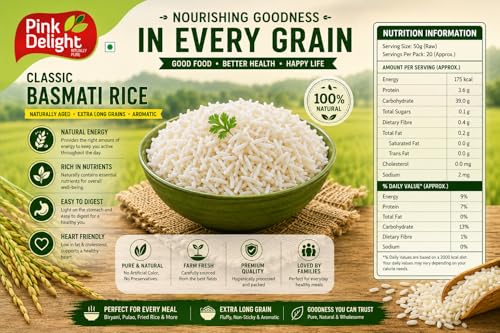 Image of Pink Delight Classic Basmati Rice 800g | 2 Year Naturally Aged Rice | Extra Long Grain Aromatic Biryani Rice | Premium Non Sticky White Rice for Pulao Fried Rice & Daily Meals