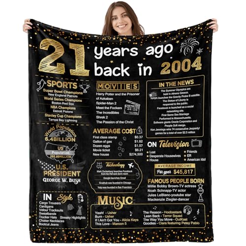 21st Birthday Gifts for Her 21st Birthday Decorations for Him 21 Year Old Happy Birthday Gifts for Women Daughter Son Girl Boy Sister Bestie Soft Throw Blanket Back in 2004-60x50 Inch - Gold