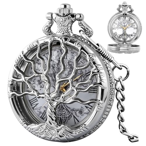 Image of Tiong Pocket Watch Hollow Tree of Life Design Roman Numerals Engraved Bible Verse Quartz Pocket Watch with Chain Custom Pocket Watch Birthday Gifts
