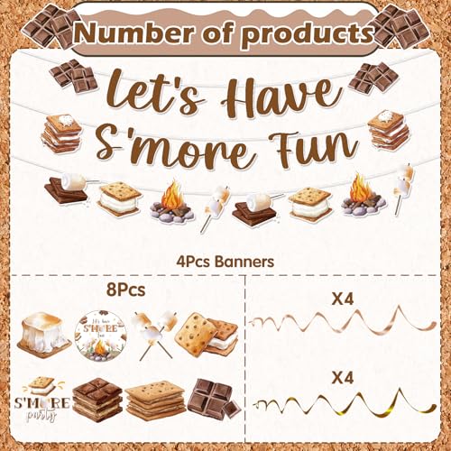 Image of Smores Camping Birthday Party Banners Swirls Decorations 11PCS | Smores Camping Party 11pcs, Glitter Banners Swirls, Cardstock Decor, Campfire Theme, Party Decor for Kids Camping