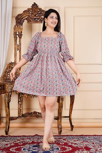 Image of Manojava Designer Women's Cotton Blend Bodycon Printed Puffy Sleeve Dress Short Sleeve Bodycon Dress, Women's Cotton Blend Printed Puffy Sleeve Designer Dress