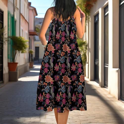 Boho Spaghetti Strap Dresses for Women Ethnic Print Midi Sundress Crewneck Sleeveless Dress Casual Beach Sundress - Image 4