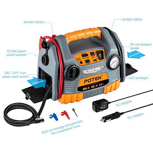 POTEK Jump Starter Source with 150 PSI Tire Inflator/Air Compressor,900 Peak Amps Power Station with 2.4A USB Port