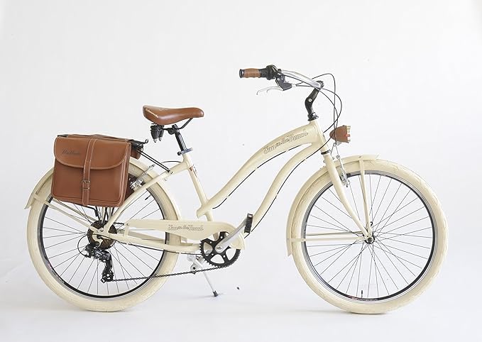 Via Veneto the Original - Bicicletta Cruiser Donna Sun on the Beach Lady 26” 6V, con Borse Laterali, Taglia 43, Beige, Retrò Vintage in Alluminio | VV790L