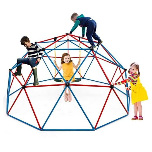HONEY JOY 10FT Climbing Dome with Swing, Upgrade Jungle Gym Monkey Bar for Backyard, Outdoor Climbing Toys for Toddlers Playground Equipment, Supports 800 LBS, Geometric Dome Climber for Kids, Red