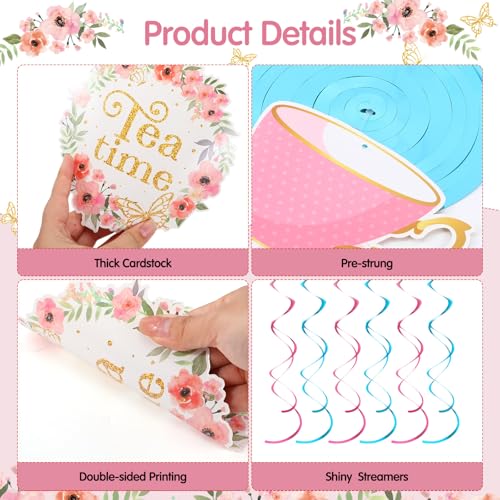 Image of Faccito 54 Pcs Tea Party Decorations Birthday Supplies - Floral Tea Party Birthday Decor Hanging Paper Swirls with Teapot Parties Time Ceiling Decoration for Spring Women Adults Bridal Wedding Favors