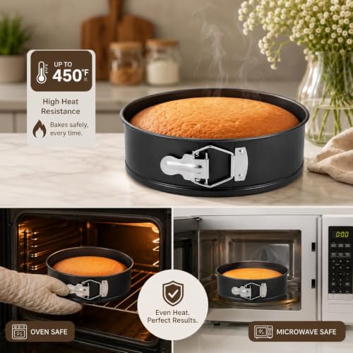 Image of Xacton Round Springform Cake Pan | Non-Stick Removable Base Baking Mould with Adjustable Release Latch | Cake Tin for Cheesecake, Brownie & Dessert Baking | Bakeware for Home Kitchen | 22 cm - Black