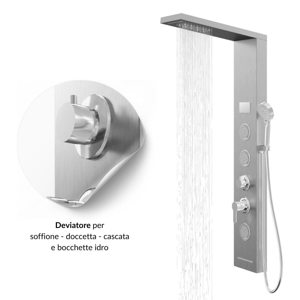 Colonna Pannello Doccia Shine Acciaio 4 Funzioni Luce LED Display Temperatura Effetto Pioggia Cascata Anticalcare (Cromo Spazzolato)
