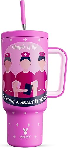Meoky - Vaso de 40 oz con asa, tapa y pajita, taza de viaje térmica de acero inoxidable 100% a prueba de fugas, mantiene el frío durante 34 horas,