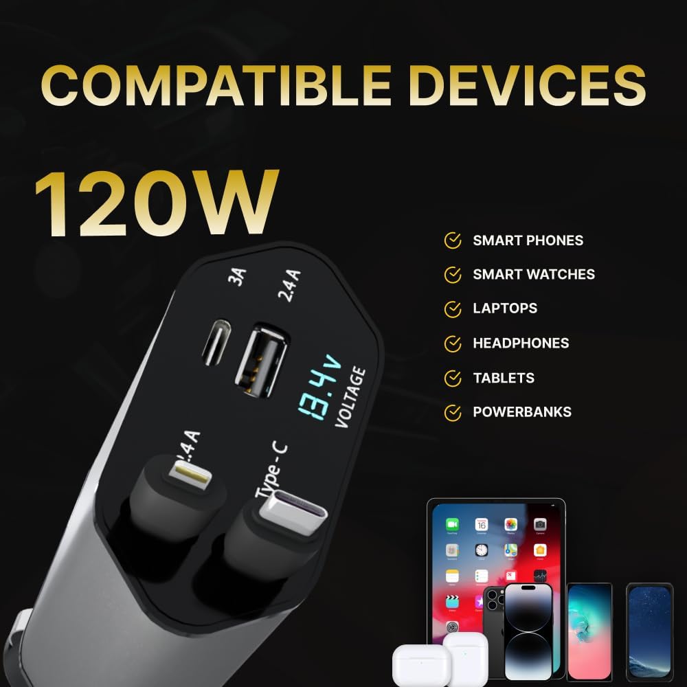 Retractable Fast Car Charger 100W for CarPlay, 4-in-1 Car Charger Adapter with 31.5" Built-in Cables & Dual USB Ports, Compatible with iPhone 11, 12,13,14,15,16,17 & Samsung Devices, Tablets and More
