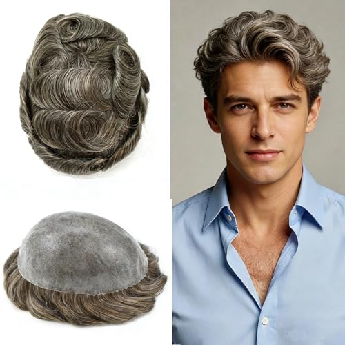 Hair Wonders Toupee for Men Real Human Hair Piece Full Poly Thin Skin Men Hair Replacement System Mens Toupee Invisible Poly Coating Man Hairpieces8X10-120% Density#450 MEDIUM BROWN+50% GREY
