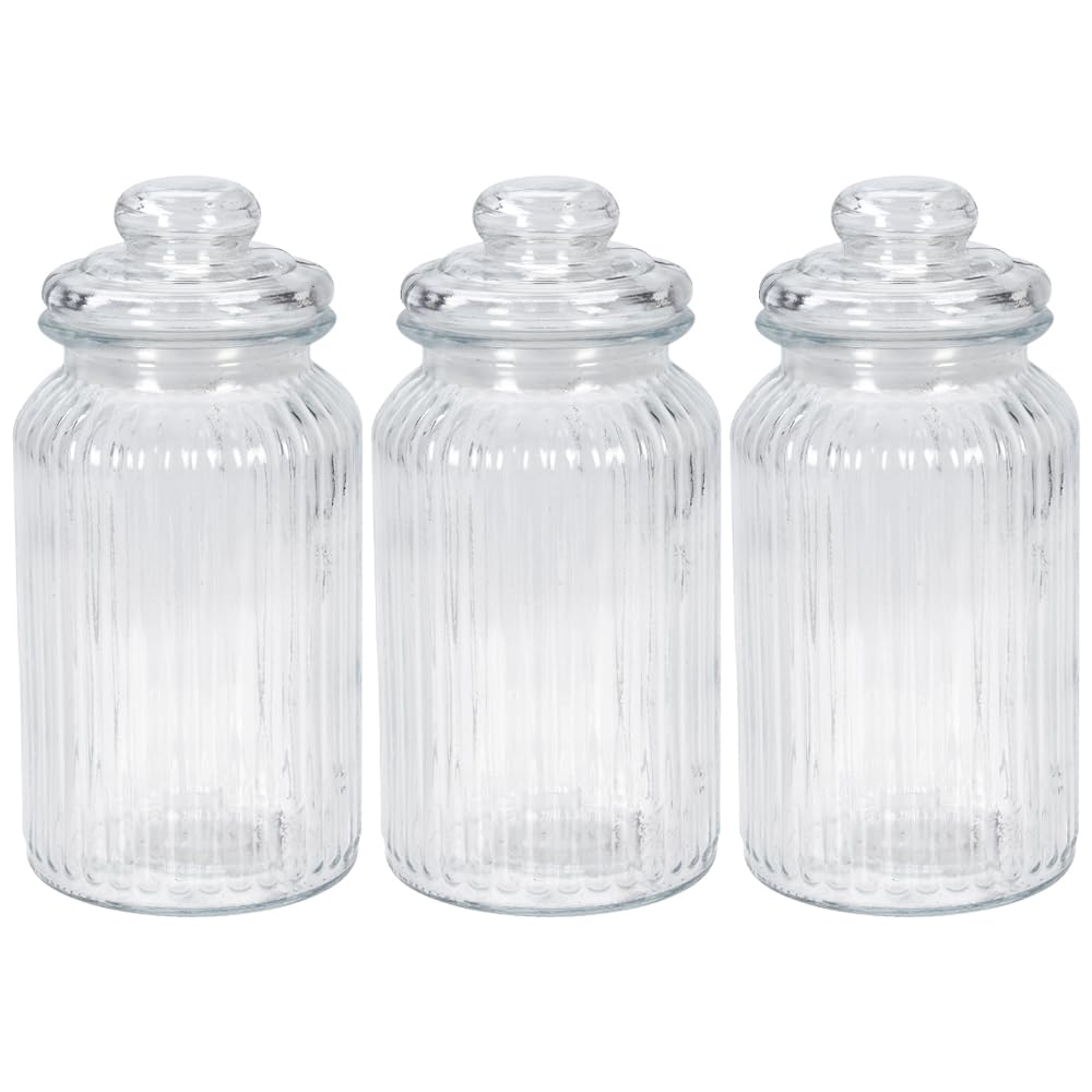 Darthome Set Of 3 Ribbed Glass Storage Jars 1000ml Airtight Lid Kitchen Tea Coffee Sugar Sweets Containers