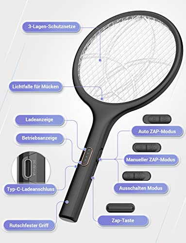 YISSVIC Elektrische Fliegenklatsche extra stark 4000V 2 in 1 USB C mit Akku Aufladbar Elektro Mückenklatsche mit UV Lichtfalle Schwarz