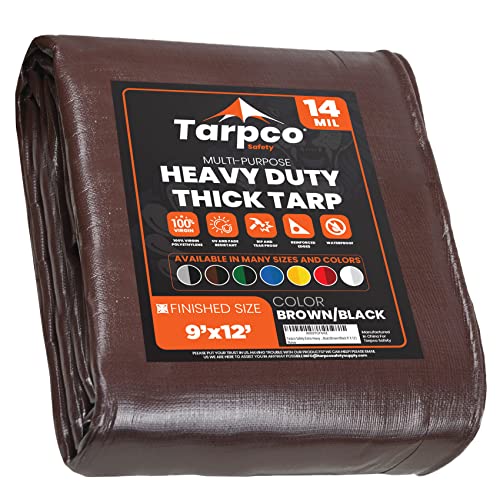 Image of Extra Heavy Duty 14 Mil Tarp Cover, Waterproof, UV Resistant, Rip and Tear Proof, Poly Tarpaulin with Reinforced Edges for Roof, Camping, Patio, Pool, Boat (Brown /Black 9′ X 12′)