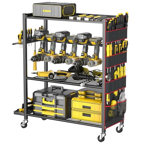 WALMANN 4-Tier Rolling Power Tool Storage Cart Large Drill Organizer with Slots for 12 Drills Floor Standing Cordless Tool Rack with Wheels for Garage & Workshop