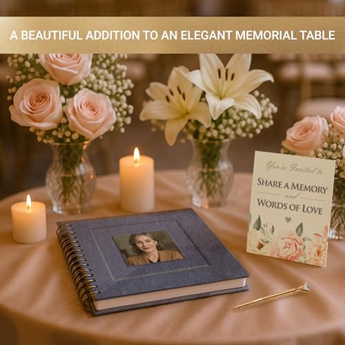 Image of Funeral Guest Book for Memorial or Celebration of Life - Velvet Hardcover with Photo Frame - Includes Pen or Marker and Sign (Gray - Small)