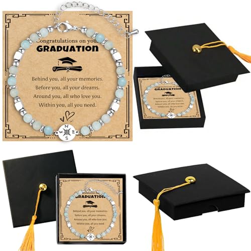 GXBKY 2026 Graduation Gift for Her - Natural Stone Compass Bracelet Gifts with Unique Grad Cap Box and Gift Card for Class of 2026 Adventure Begins Gifts Gifts for Graduates