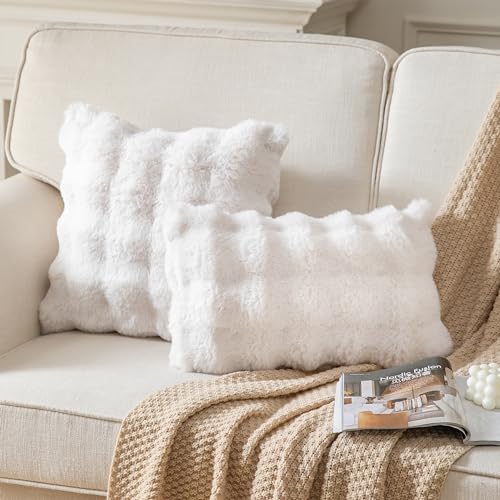 2er Set Plüsch Kissenbezug Dekorativ Sanft Kurze Wolle Samt Zierkissenbezüge Luxus Square Kissenhülle für Sofa Couch Wohnzimmer 30x50 cm Cremeweiß – Bild 2