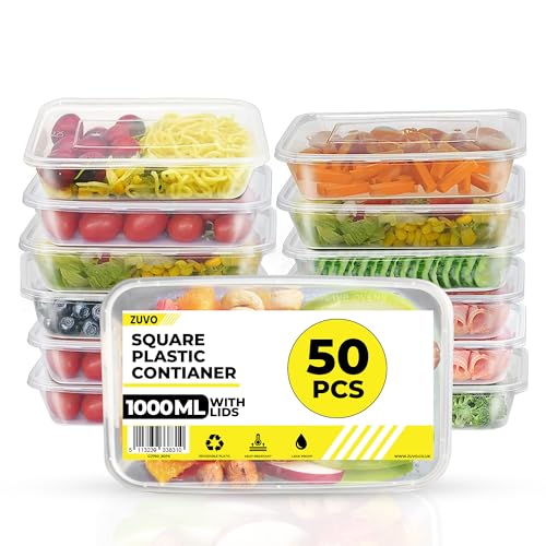 Zuvo Plastic Food Containers 1000 ml - Pack of 50 Reusable Food Containers - Perfect Food Storage Containers - Microwave and Freezer Safe, Recyclable (35 oz)