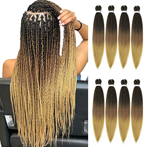 Pre-Stretched Braiding Hair 20" 8 Packs Ombre Blonde Itch Free Easy Braids Braiding Hair Yaki Texture Hot Water Setting Professional Synthetic Fiber Crochet for Box Braids (1B/27#)