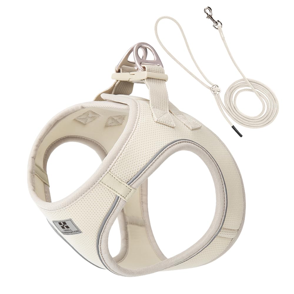 SMALL COMBINATION Dog Harness Leash Set for small medium dog Adjustable Reflective Puppy Cat Harness pet Vest Chihuahua Yorkies Outdoor Walkin (Beige