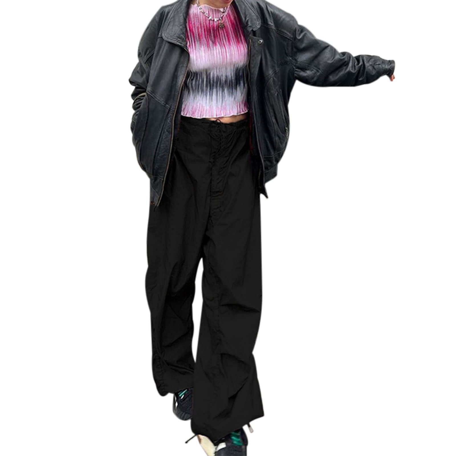 Women Baggy Cargo Pants Drawstring Low Waisted Casual Loose Pants Trousers with Pocket Streetwear