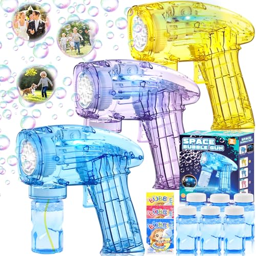 CIANBIFN Pistola de Burbujas para Niños 3PCS con 6 Pompas de Jabón Líquido, Pistola Burbujas Pistola de Burbujas, para Regalos de Fiesta, Juguete de Verano, Actividad al Aire Libre