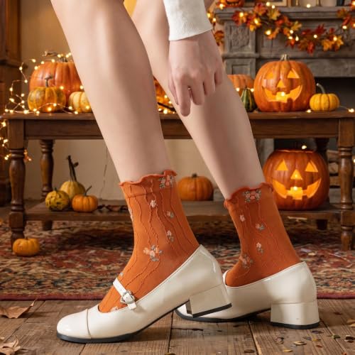 Image of Womens Ruffle Crew Socks Vintage Patterned Ankle Casual Fashion Dress Sock Cute Lettuce Floral Socks 5 /6 Pack