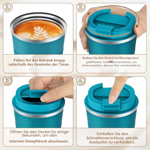 KETIEE Kaffeebecher to go,380ml Thermobecher Kaffee-to-go,Kaffeebecher Thermo,Doppelwandig Reisebecher Travel Mug,Vakuum Isolierbecher mit auslaufsicherem Deckel für Kaffee und Tee,Blau 6