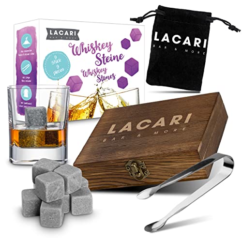 LACARI juego de piedras para whisky 9pc | Cubitos de hielo reutilizables | Set de regalo con caja de madera, pinzas y bolsa de tela | Sin que el whisky, ron o gin se aguacha