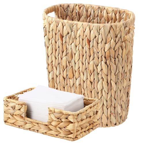 Image of Wicker Trash Can and Rectangle Napkin Holder, Guest Towel Holder,4 Gallon Water Hyacinth Bathroom Trash Can, Handwoven Napkin Holder, Narrow Small Waste Basket, Rustic Decorative Home and Office Set