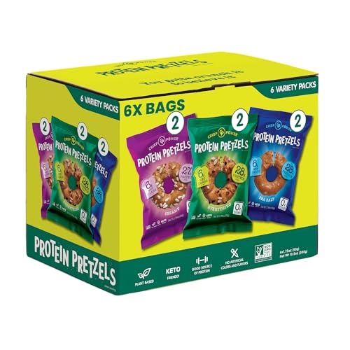 Crisp Power Protein Pretzels, Variety Pack With Sea Salt, Sesame, & Everything, Vegan Keto Snack, Plant Based Protein, Low Carb Crunchy Pretzel Snacks, Sugar Free, No Seed Oils, 1.75 Oz Bags, 6 Pack