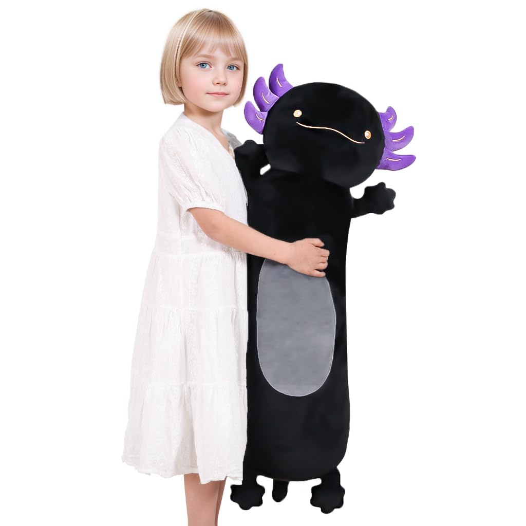 36" Giant Black Axolotl Stuffed Animal, Cute Soft Long Axolotl Plush Body Squishy Pillow Big Plushies Toy, Gift for Kids, Boys, Birthdays, Halloween, Christmas