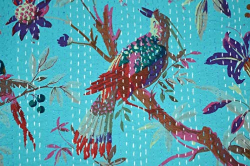 Yuvancrafts - Colcha Kantha India Hecha a Mano de algodón Puro con Estampado de pájaros y Flores, Manta Azul