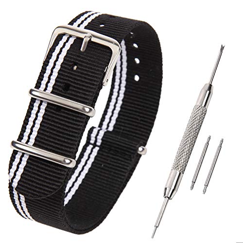 Airself NATOタイプ 時計ベルト 時計バンド ナイロン 替えバンド 替えベルト (交換説明書 交換工具 バネ棒付) (22mm, ブラック×ホワイトスモールライン)