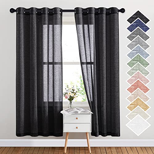NICETOWN Semitransparent Sheer Curtains for Windows, Grommet Linen Blend Flax Durable Sheer Window Drapes Privacy Light Reducing Panels for Bedroom/Kids Room, W52 x L72, 2 Panels, Black