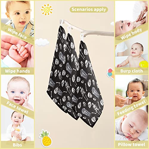 Image of vvfelixl Baby Washcloths Cotton Creepy Skull Baby Muslin Washcloths Soft Baby Face Towel for Newborn Infants, 11.8 X 11.8 Inch, 3 Pack Black