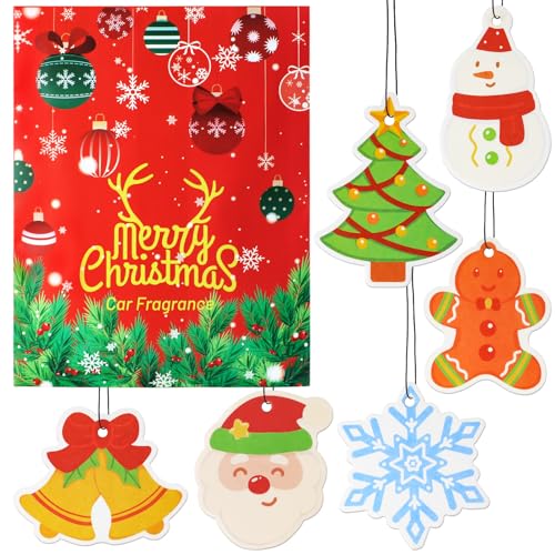 Auto Lufterfrischer, Duftkarten für Schubladen, Schränke, Kleiderschrank, Weihnachtsthema Niedliche Muster Karten, Neuwagenduft mit elastischer Aufhängeschlaufe, 6 Stück
