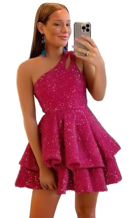 CWOAPO One Shoulder Sequin Homecoming Dresses 2025 Tiered Short Prom Dresses for Teens Sparkly Cocktail Party Gown2